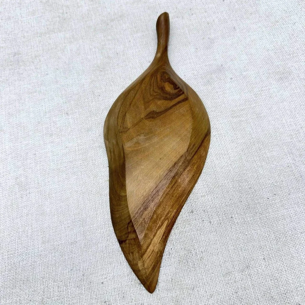 Vintage Hand Carved Wooden Leaf Bowl Mid Century Modern Catchall Tray 11.5 Inch